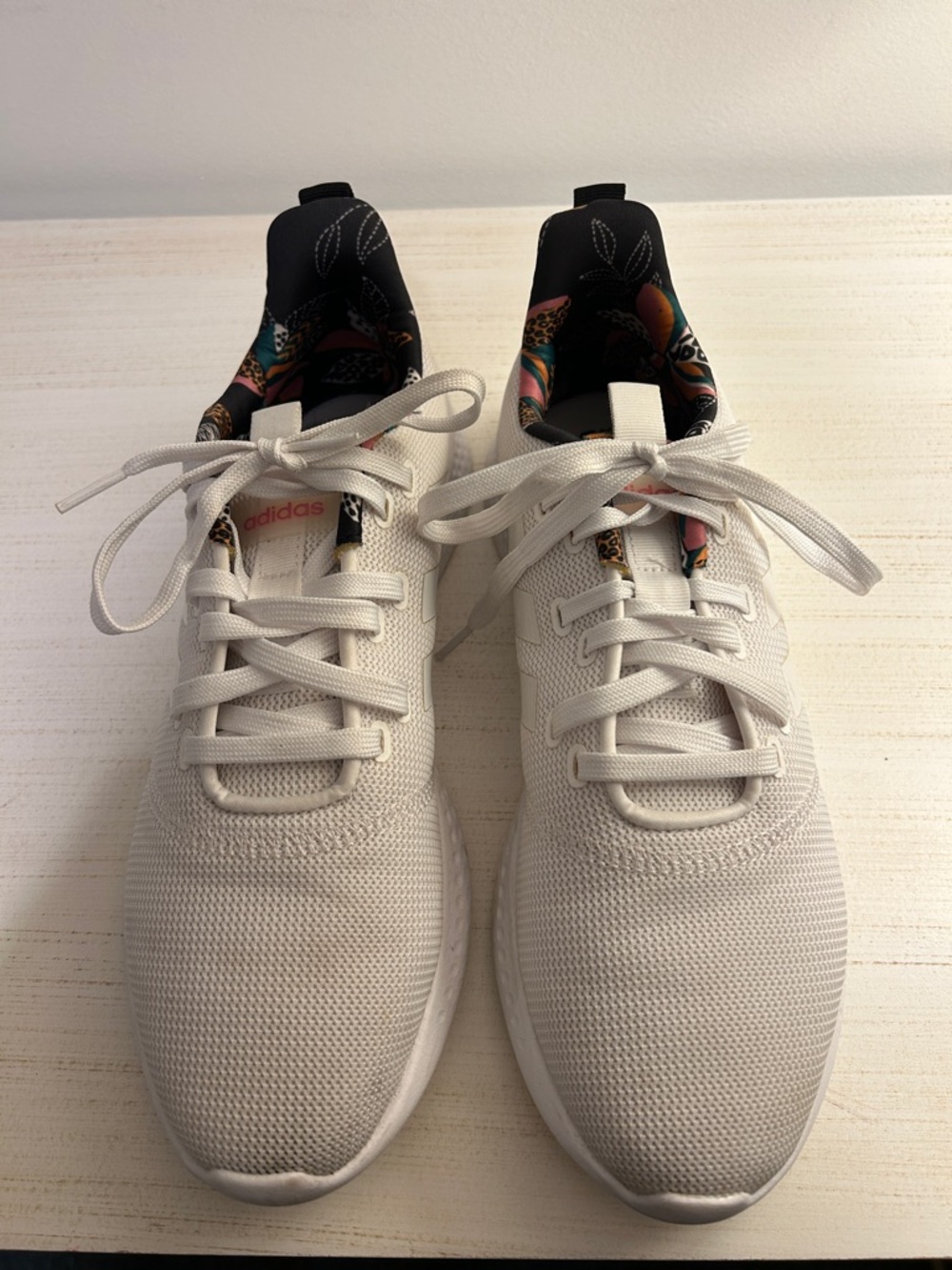 adidas White Knit Sneakers with Floral Inner Collar